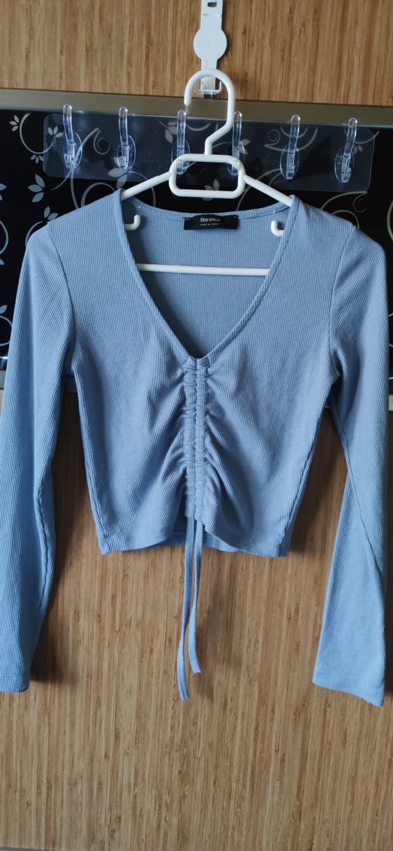 Mavi V Yaka  Kadın Crop - Görsel 4