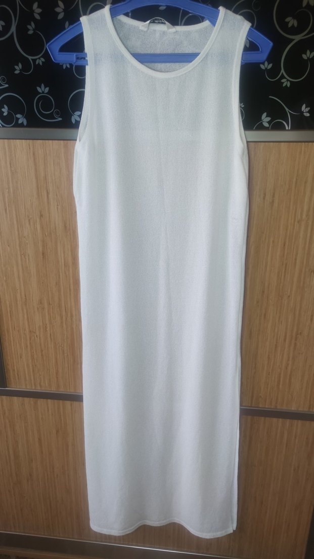 Beyaz Uzun Kolsuz Salaş Elbise plaj elbisesi pareo - Görsel 2