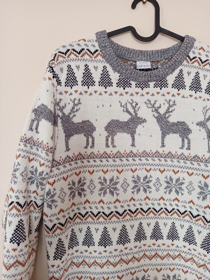 Defacto Gri Desenli Örgü Bohem Kazak - Görsel 2