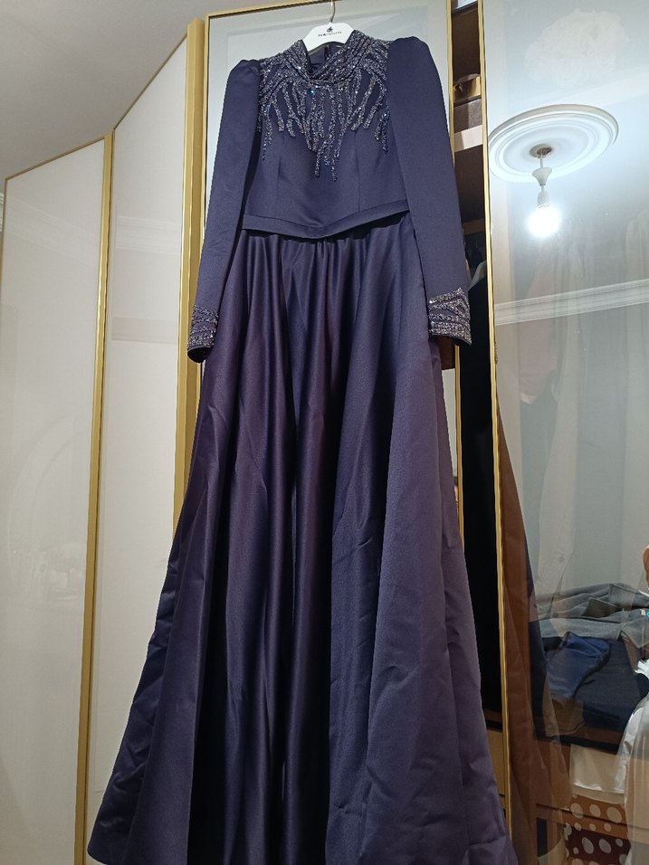 Lacivert Nakışlı Tesettür Abiye Elbise - Görsel 2