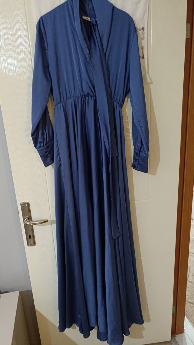 Uzun, Salaş, Drape Detaylı Mavi Elbise - Görsel 2