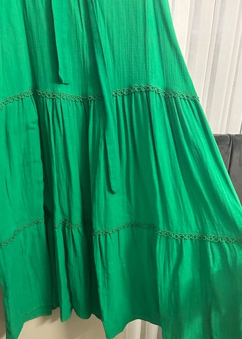 Uzun Kollu Yeşil Keten Uzun Elbise - Görsel 3