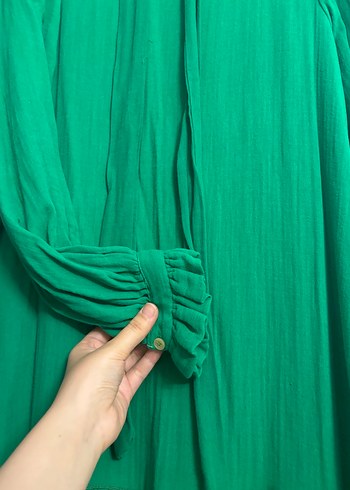 Uzun Kollu Yeşil Keten Uzun Elbise - Görsel 4