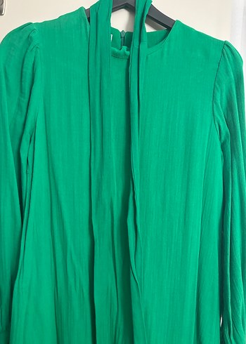 Uzun Kollu Yeşil Keten Uzun Elbise - Görsel 2