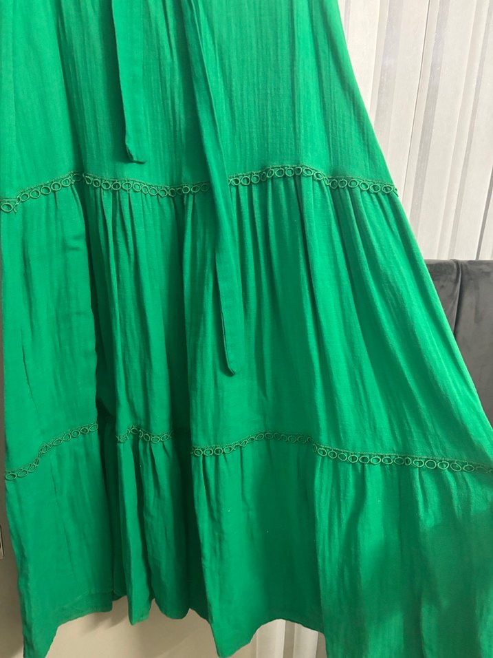 Uzun Kollu Yeşil Keten Uzun Elbise - Görsel 3