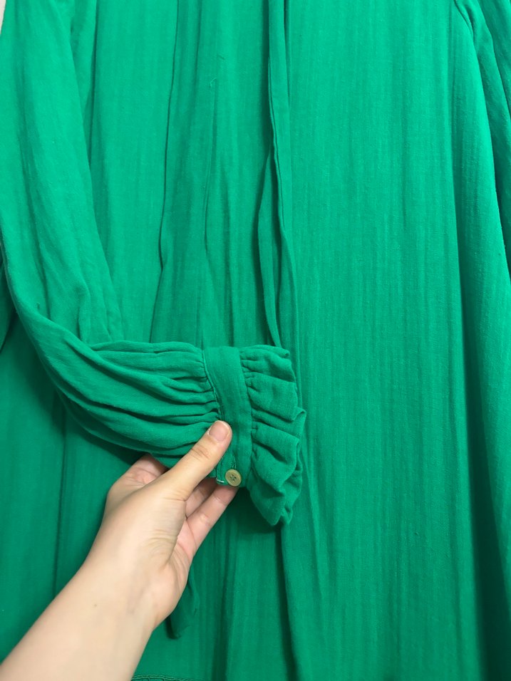 Uzun Kollu Yeşil Keten Uzun Elbise - Görsel 4