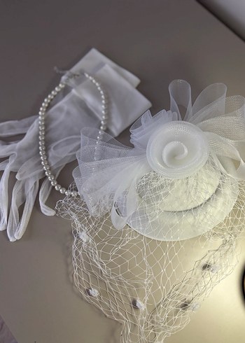 Dantel Detaylı Beyaz Vintage Gelin Aksesuar Seti - Görsel 3