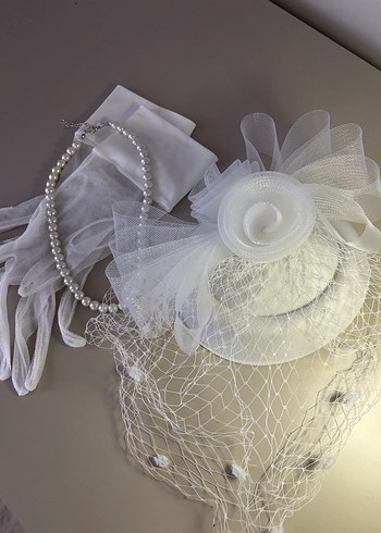 Dantel Detaylı Beyaz Vintage Gelin Aksesuar Seti - Görsel 4