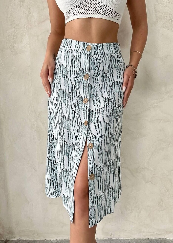 Desenli Düğmeli Etek - Görsel 4