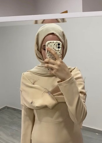 Abiye Bej Uzun Kollu Elbise