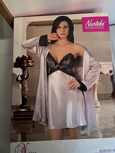 Nurteks saten dantel karışık sabahlıklı gecelik takımı