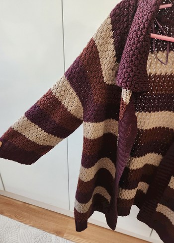 Bordo Çizgili Uzun Kollu Triko Hırka