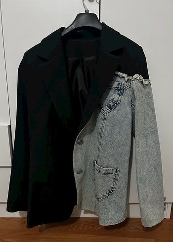 Kadın Siyah ve Denim Kombinli Blazer Ceket