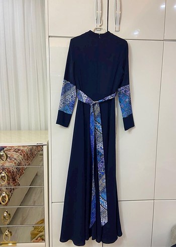 38 Beden mavi Renk Uzun Kol, Kemerli Mavi Batik Elbise