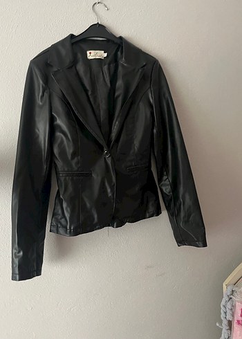 Düğmeli Siyah Deri Kadın Ceket - Görsel 2