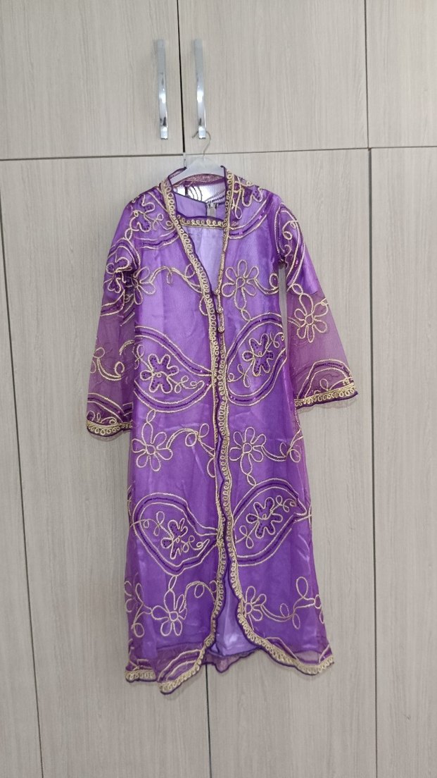 Mor Uzun Kadın Elbise, Kısa Kollu, Salaş Kesim - Görsel 5