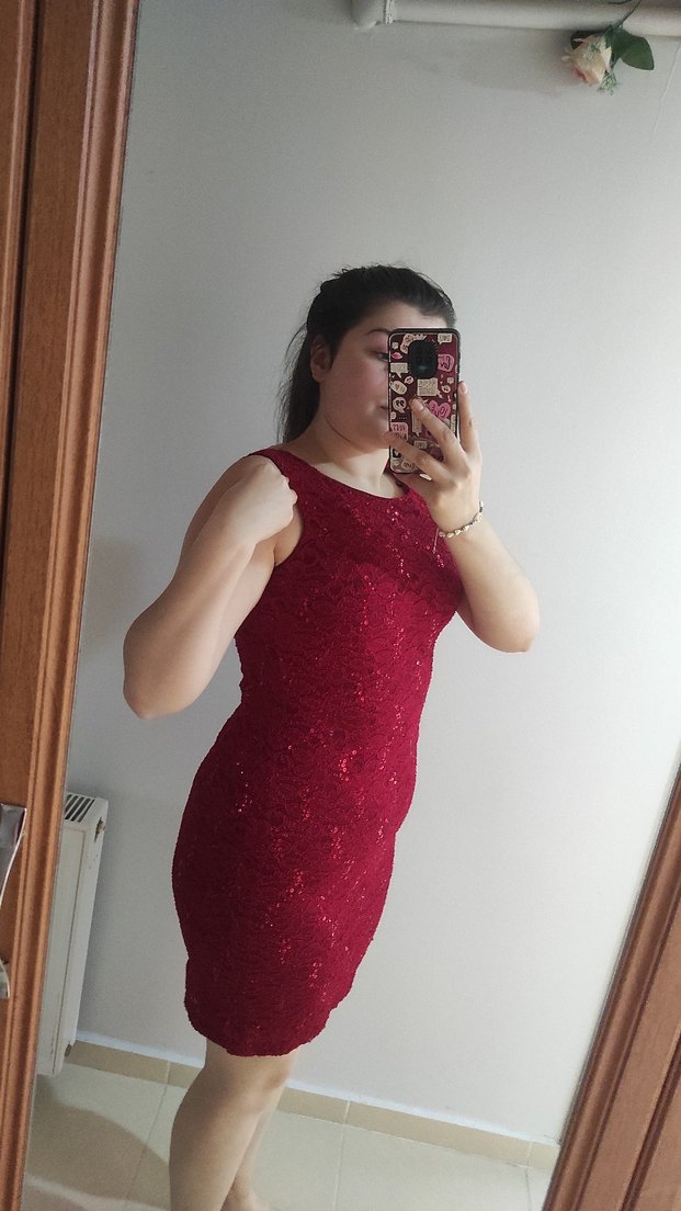 Parlak Kırmızı Transparan Mini Abiye Elbise - Görsel 2