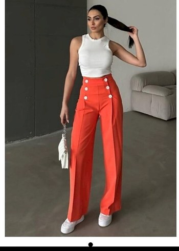 Düğmeli Kırmızı zara kadın Kumaş Pantolon