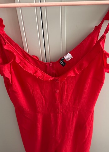 Kadın Kırmızı Uzun V Yaka Fırfırlı Tulum - Görsel 3