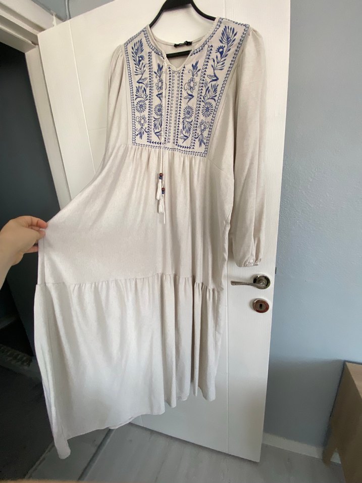 Nakışlı Bohem Uzun Keten Elbise - Görsel 2