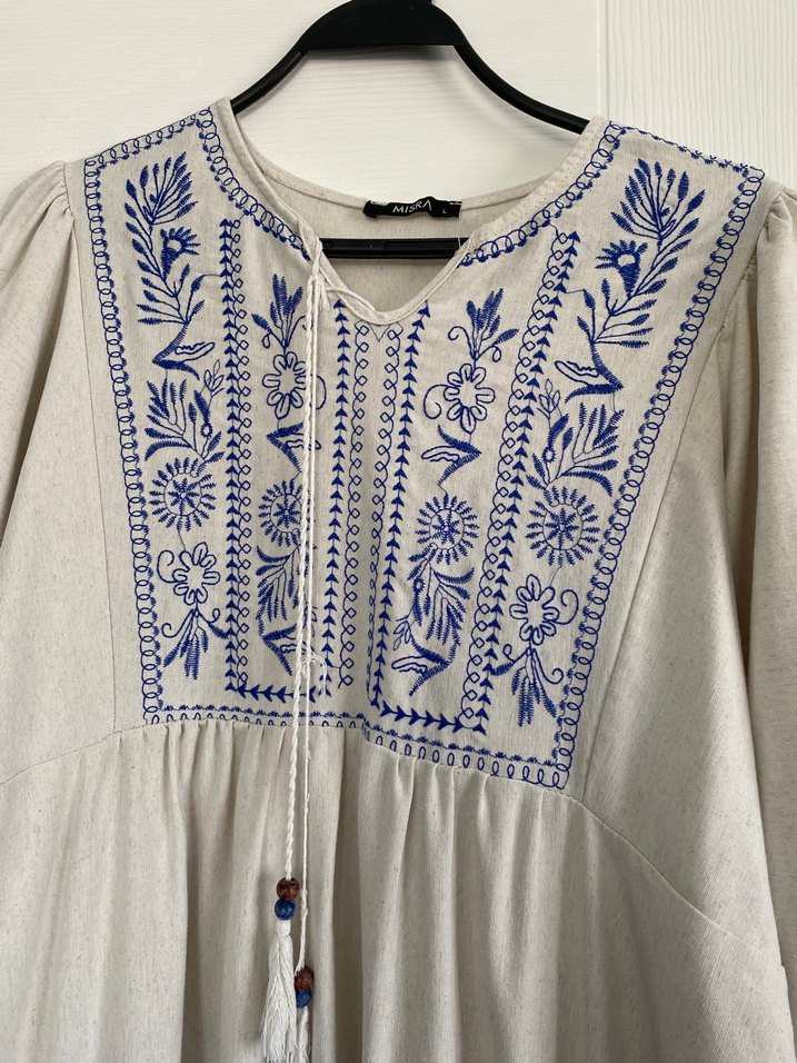 Nakışlı Bohem Uzun Keten Elbise - Görsel 3