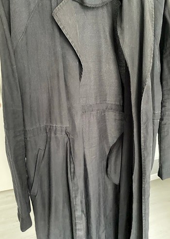 Siyah Uzun Keten Kadın Trençkot - Görsel 4