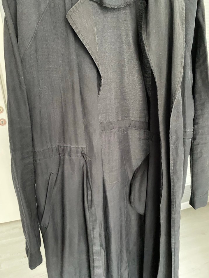 Siyah Uzun Keten Kadın Trençkot - Görsel 4