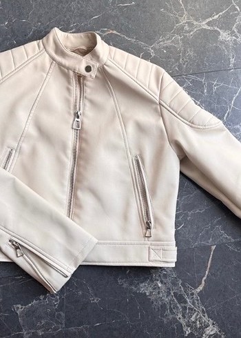 Beyaz Kısa Deri Biker Ceket - Görsel 2