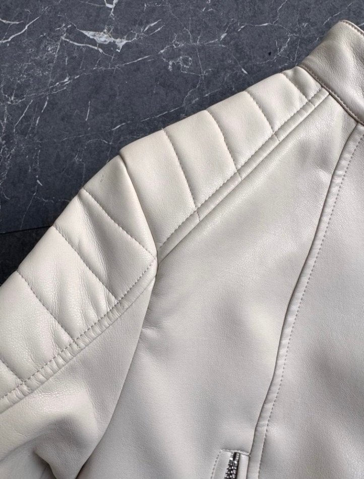 Beyaz Kısa Deri Biker Ceket - Görsel 5