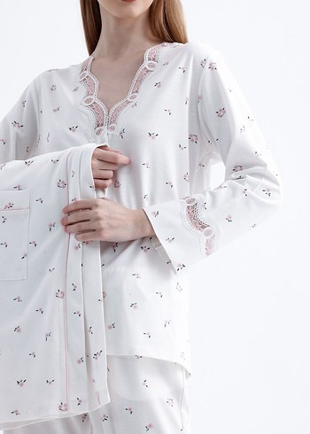 Çiçek Desenli Uzun Kollu Midi Lohusa Pijama