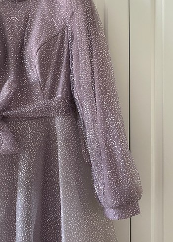 Tesettür Pullu Lila Abiye ve Uyumlu Saten Şal - Görsel 4