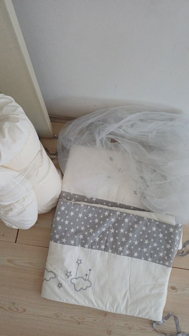 Gri Nakışlı Beyaz Pamuklu Bebek beşik yatağı - Görsel 5