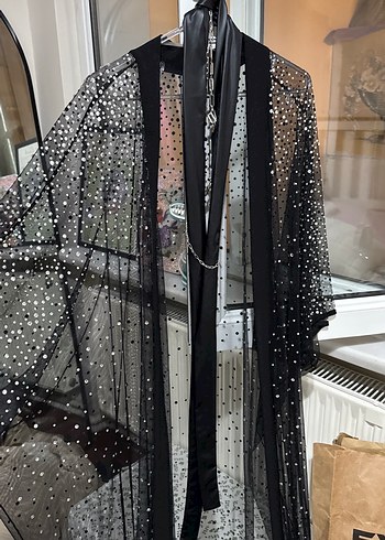 Uzun Siyah Payetli Gotik Kadın Kimono