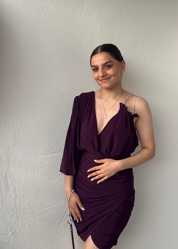 V Yaka Drapeli Mor Midi Elbise