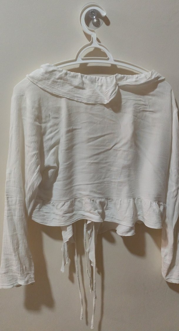 Beyaz Keten Fırfırlı Bohem Kadın Bluz - Görsel 3