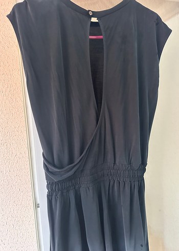 s Beden Siyah Kolsuz V Yaka Midi Keten Tulum