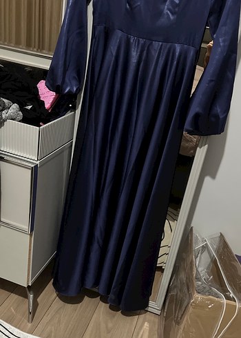 Parlak Lacivert Uzun Kollu Drapeli Abiye Elbise - Görsel 3