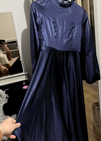 Parlak Lacivert Uzun Kollu Drapeli Abiye Elbise - Görsel 4