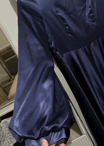 Parlak Lacivert Uzun Kollu Drapeli Abiye Elbise - Görsel 6