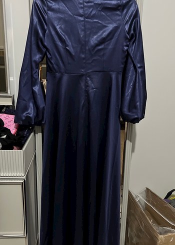 Parlak Lacivert Uzun Kollu Drapeli Abiye Elbise - Görsel 7