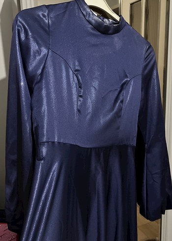 Parlak Lacivert Uzun Kollu Drapeli Abiye Elbise - Görsel 5