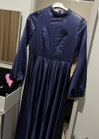 Parlak Lacivert Uzun Kollu Drapeli Abiye Elbise - Görsel 2