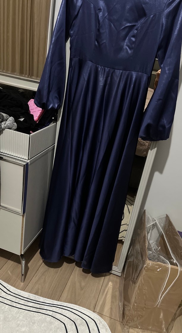 Parlak Lacivert Uzun Kollu Drapeli Abiye Elbise - Görsel 3