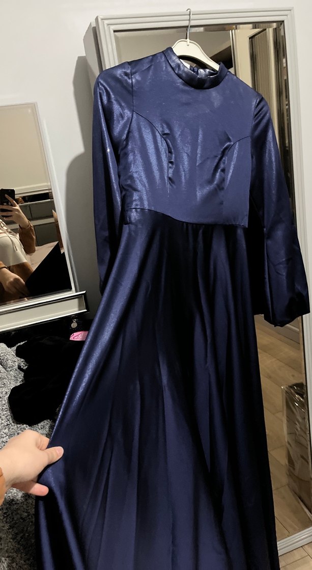 Parlak Lacivert Uzun Kollu Drapeli Abiye Elbise - Görsel 4