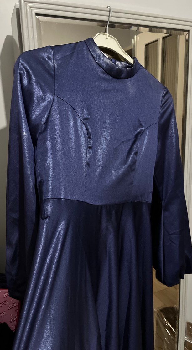 Parlak Lacivert Uzun Kollu Drapeli Abiye Elbise - Görsel 5