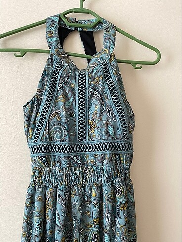 Halter yaka etnik desenli maxi elbise