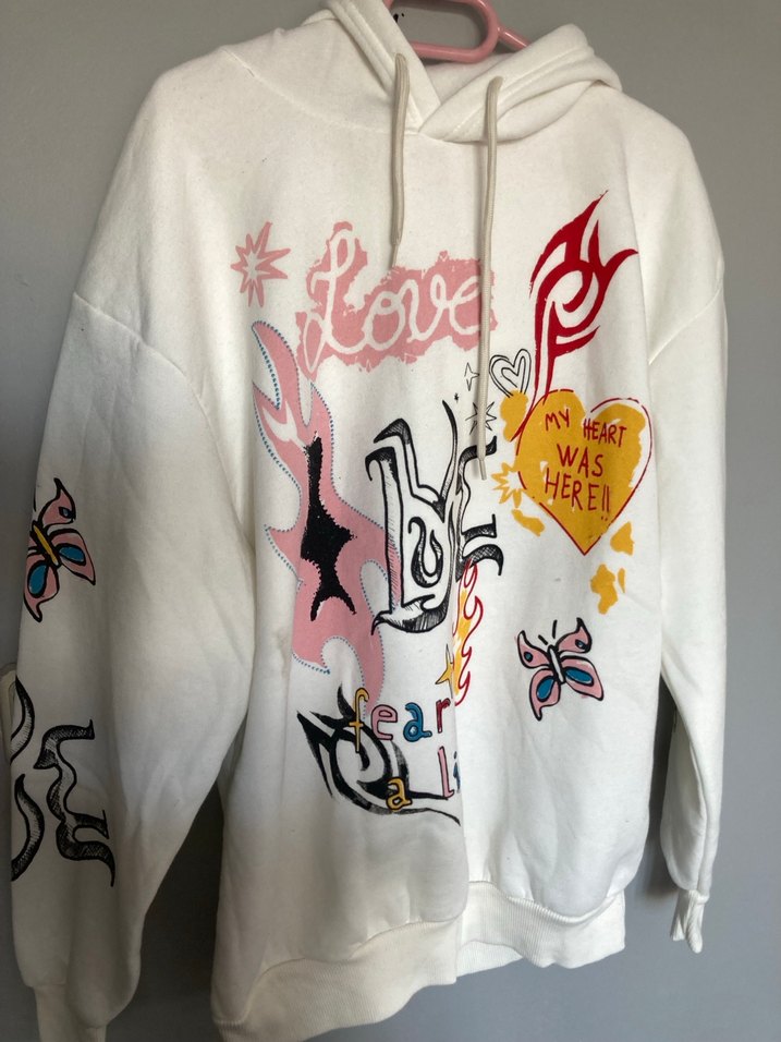 Baskılı Zincir Detaylı Beyaz Kapüşonlu Sweatshirt - Görsel 2