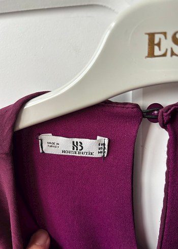 Mor V Yaka Uzun Keten Elbise - Görsel 3