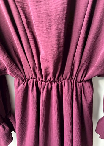 Mor V Yaka Uzun Keten Elbise - Görsel 4