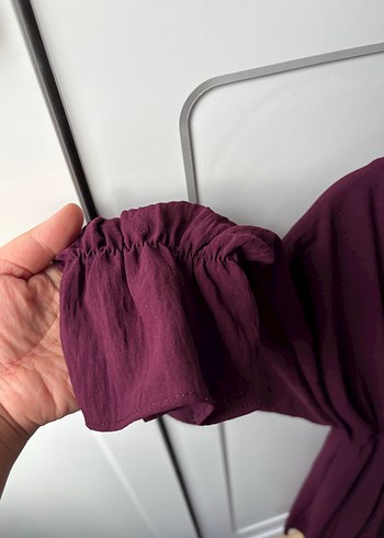 Mor V Yaka Uzun Keten Elbise - Görsel 2